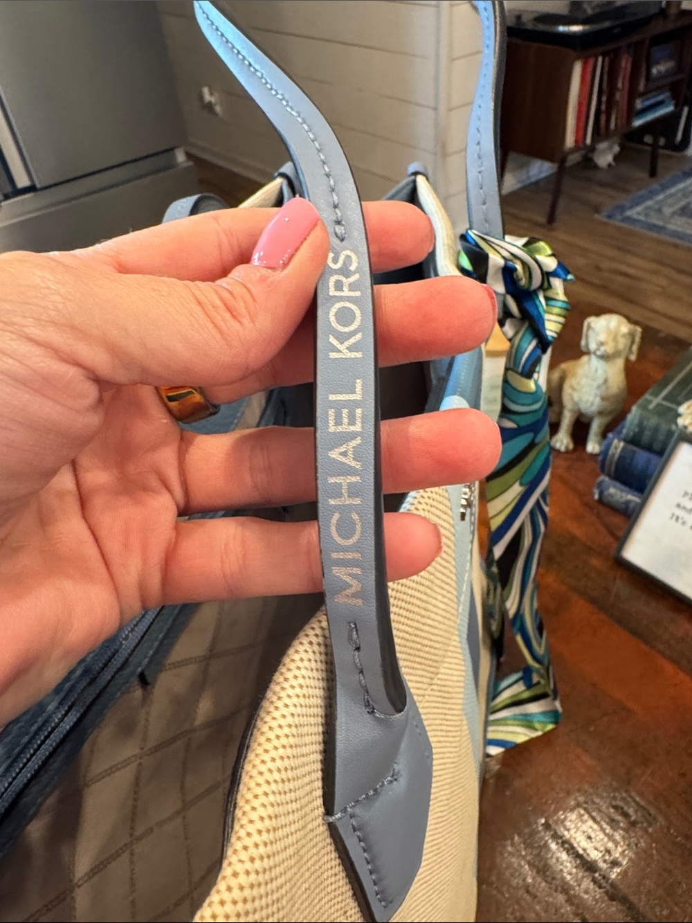 Michael Kors Beige Canvas Tote with Blue Stripe and Scarf - Picture 14 of 14
